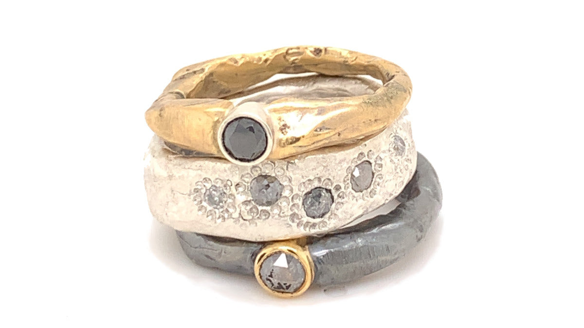 Celebration Ring stack with salt and pepper diamonds