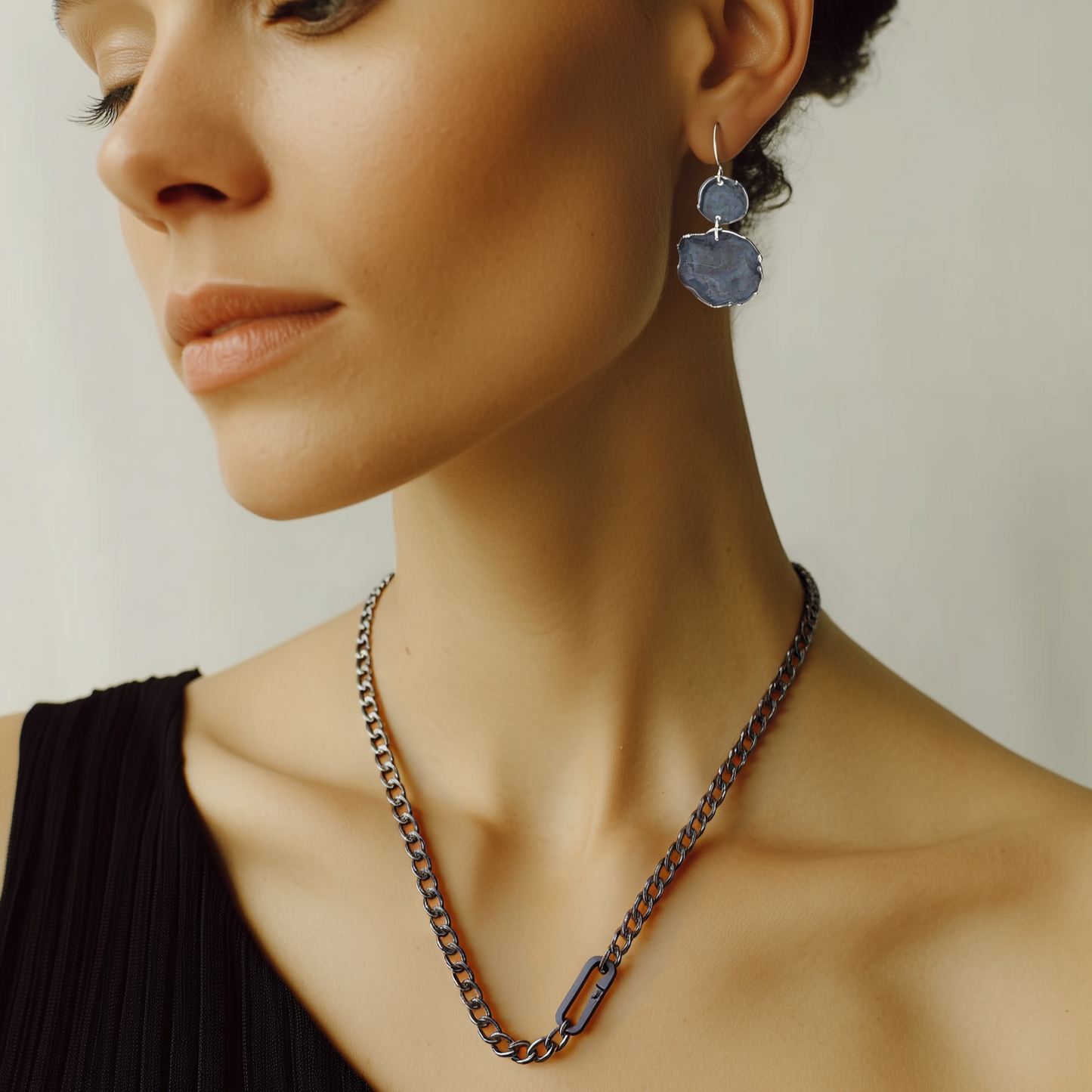 Flat Curb Sterling Chain on model with Twilight Drop Earrings