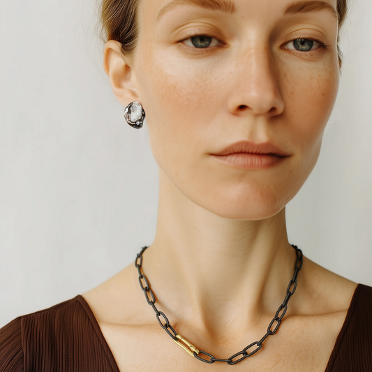 Large Link Black Silver Chain with Paper Clip Connector and Reflection Talisman Earrings on model.