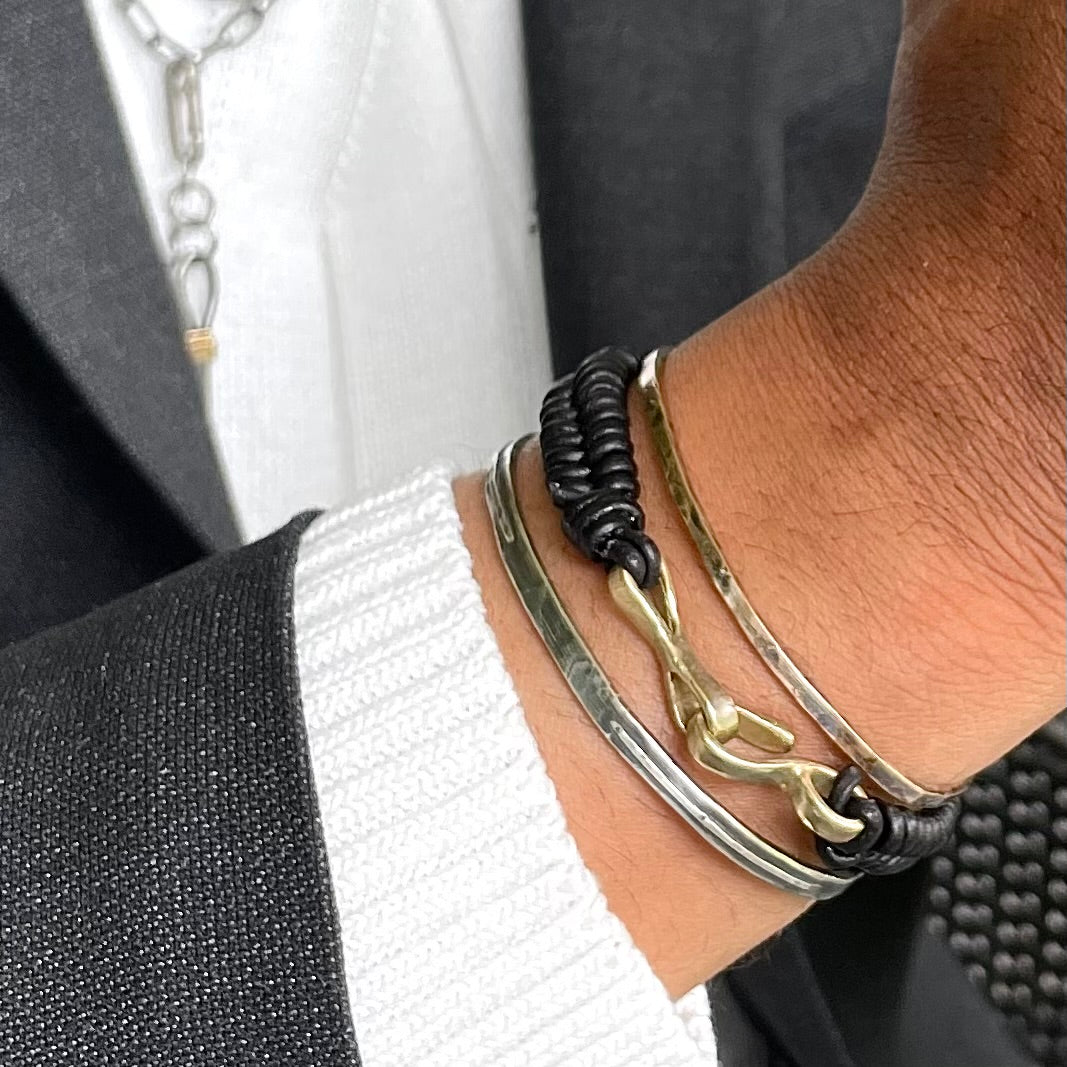 Unity Cuff, Interwoven Bracelet with Bronze Clasp, and customers personal cuff worn as a stack