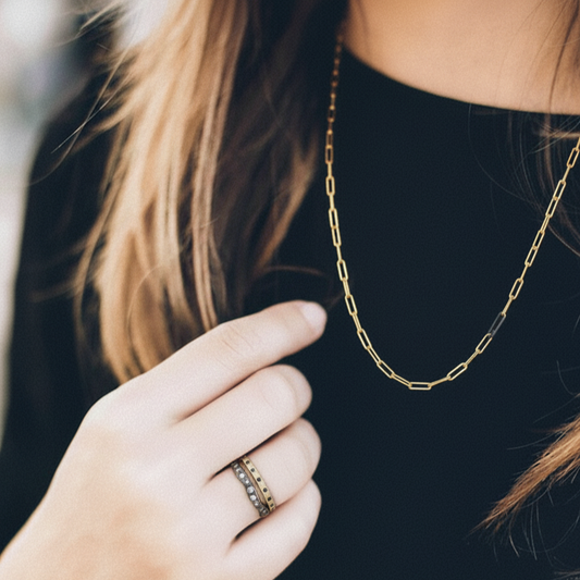 Gold Link Chain in 20" on Model. Shown with Ritual Noir Ring and Mystic Radiance Ring.