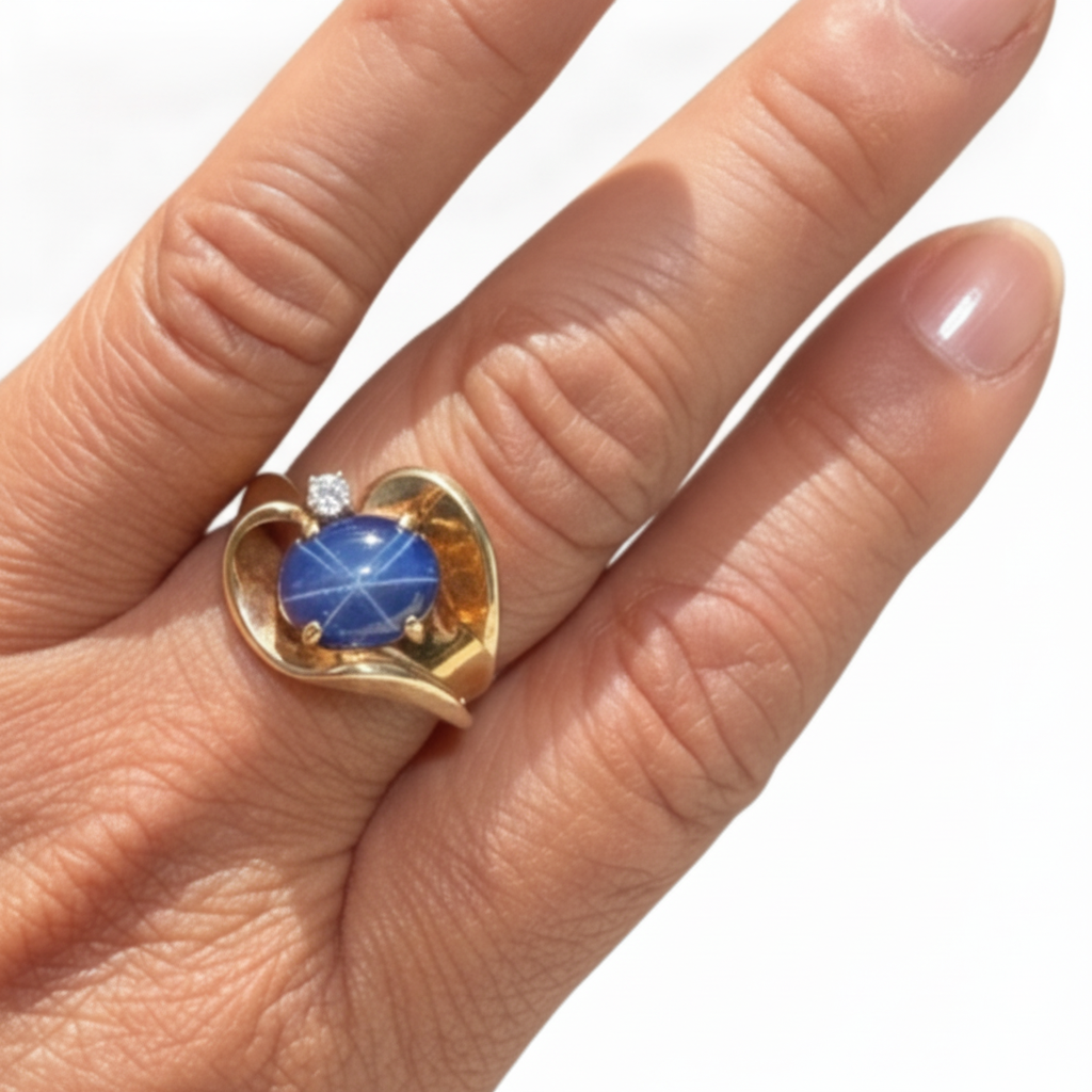Blue Star Sapphire Ring from the Chikahisa Ancestor Collection on a person