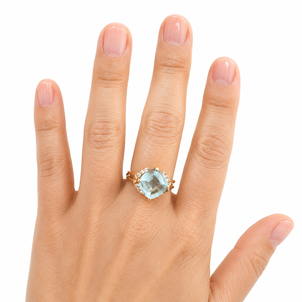 Blue Topaz with Diamonds Ring from Chikahisa Ancestor Collection shown on hand