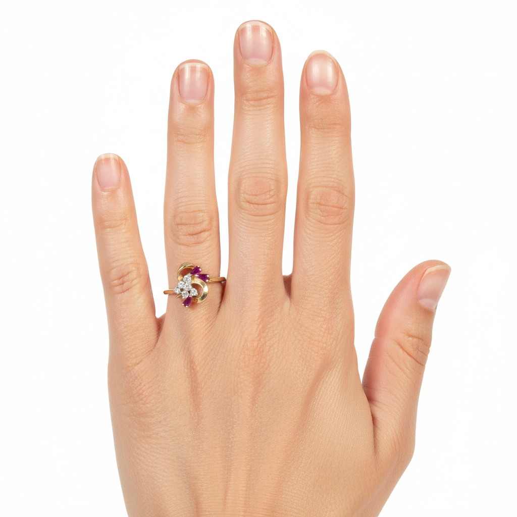 Diamond and ruby ring from the Chikahisa Ancestor Collection on a person