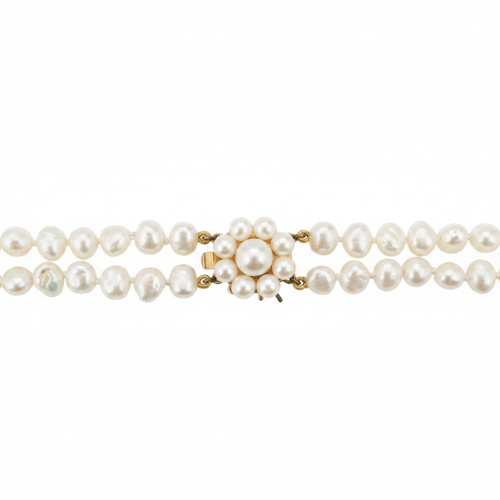 Close up of the clasp (front view) on the Double Strand Pearl Necklace from the Chikahisa Ancestor Collection