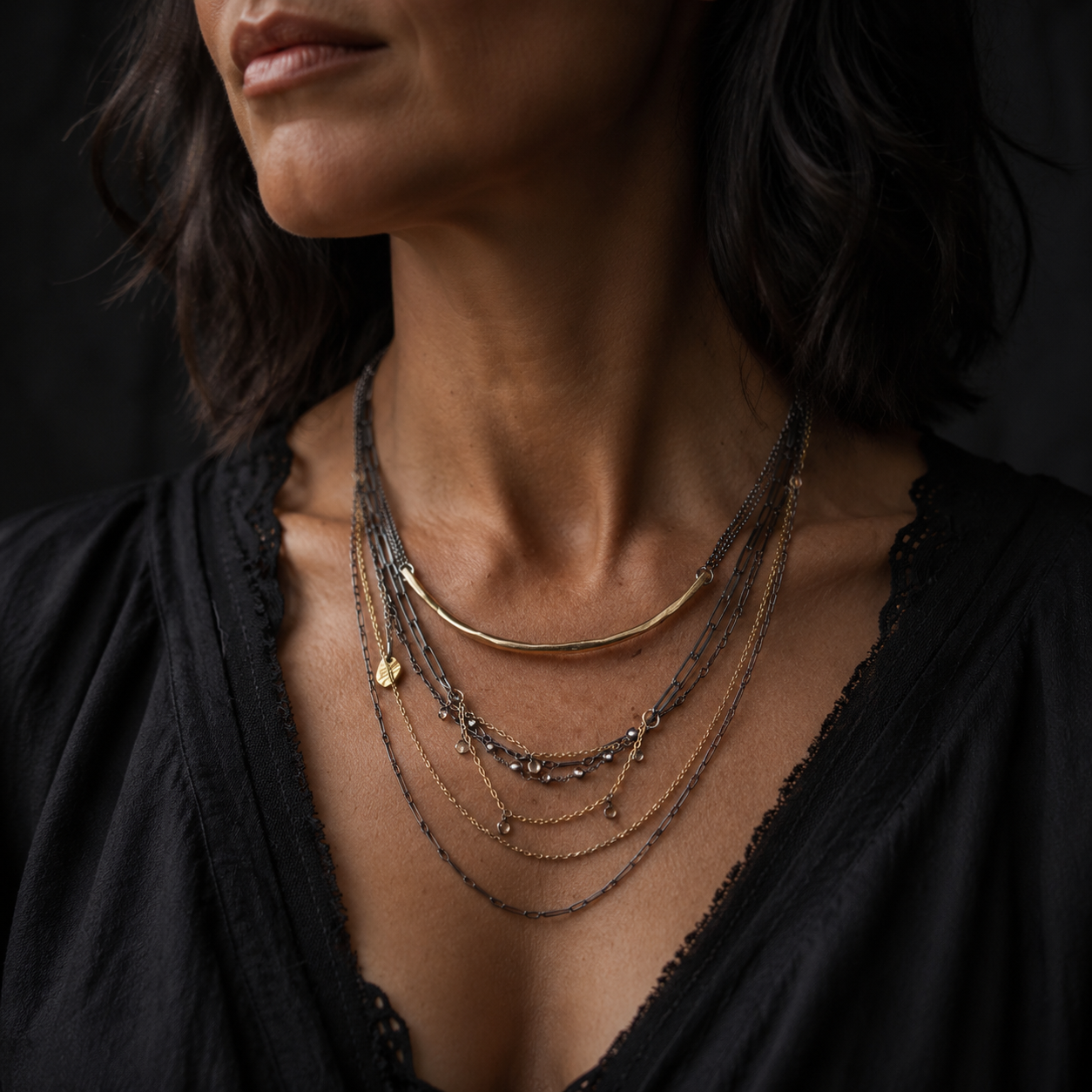 Close up of Suspended Harmony Necklace Set on Model