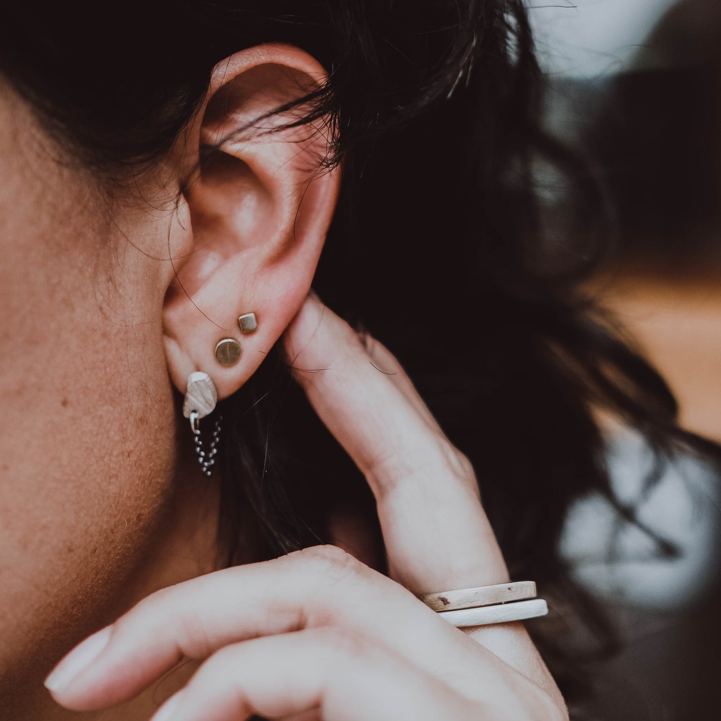 Stone Stud with Chain in Silver