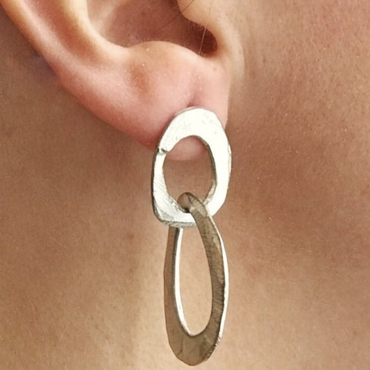 Close up of the Skipping Stones Double Oval Earrings on Model