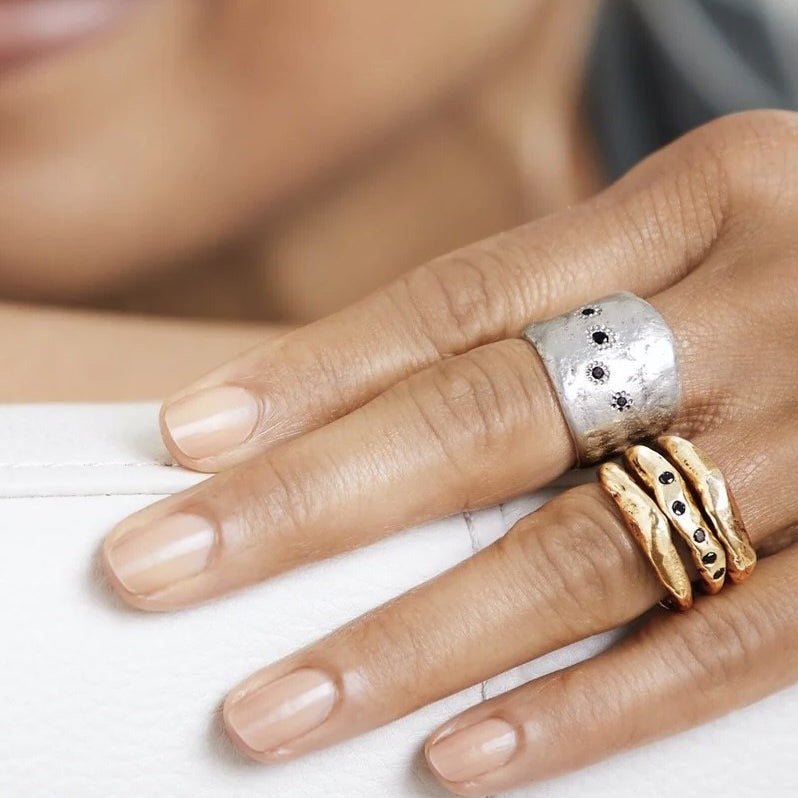 Connection Stacking Rings in Bronze and Five Elements Ring in Silver on Model
