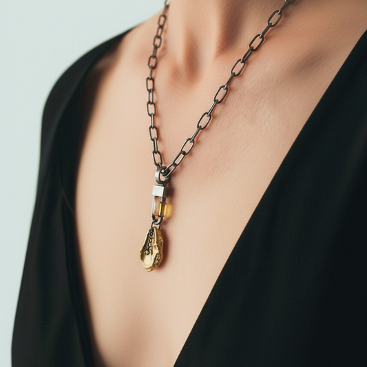 Gratitude Talisman Pendant in Bronze on Oxidized Silver Chain and Lock Connector.