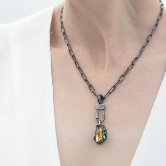 Gratitude Talisman Pendant in Silver with Keum Boo on the Lock Connector and Oxidized Silver Chain