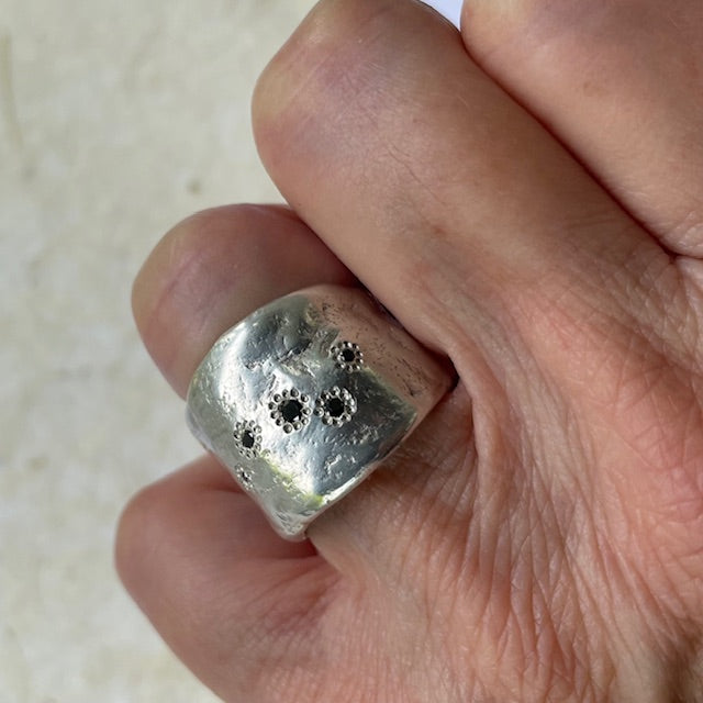Close up of the Five Elements Ring in Silver on hand