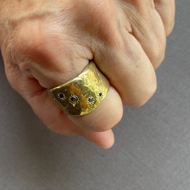 Five Elements Bronze Ring with Black Diamonds