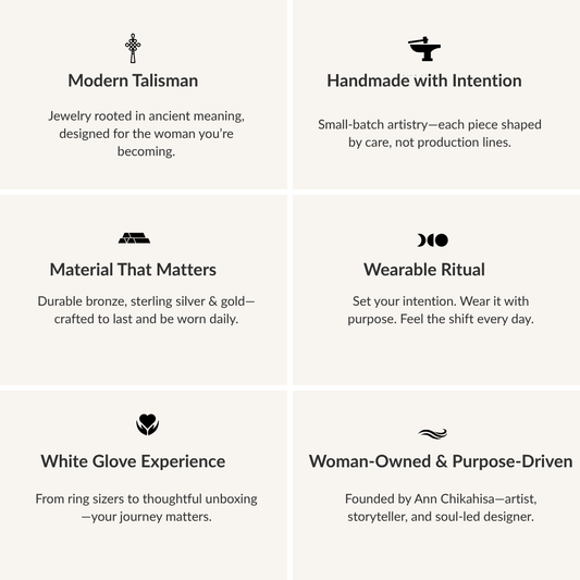 Promotional text about a jewelry brand with icons and descriptions on a white background.