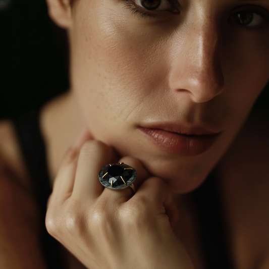 Medium Black Onyx Gemstone Ring shown on model