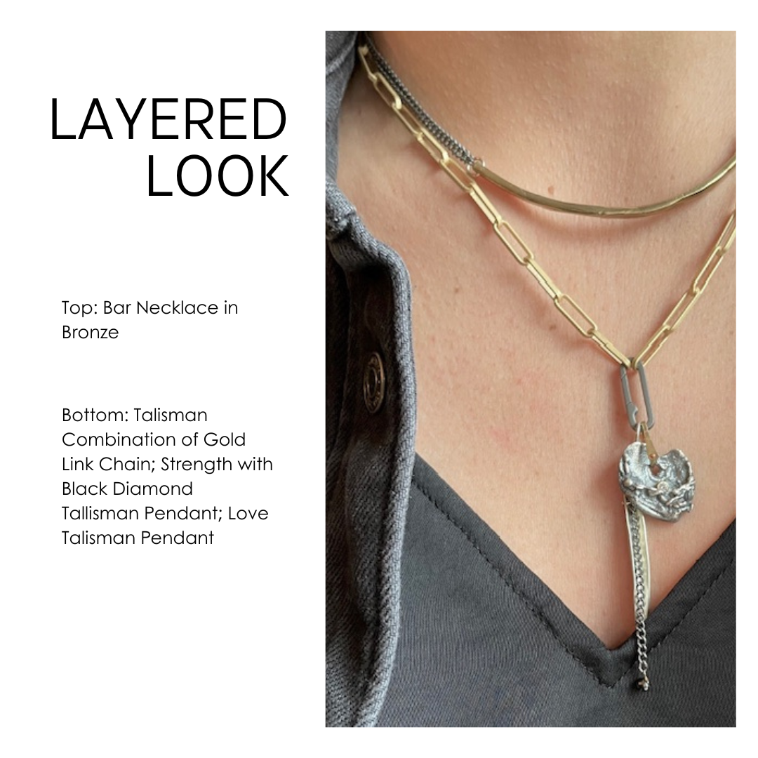 Two necklaces layered on a person's neck with product names and descriptions.
