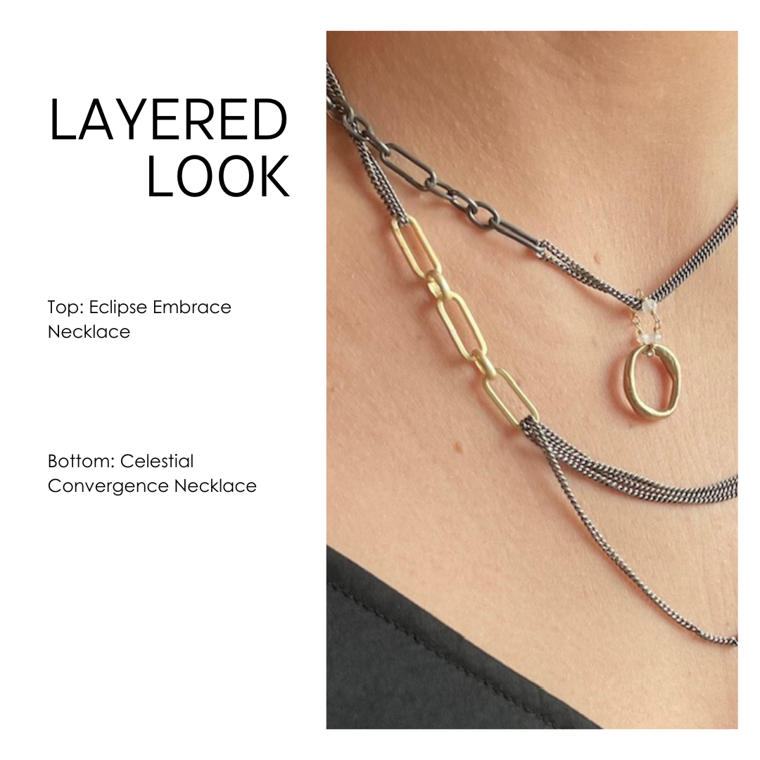 Two layered necklaces on a person's neck with text indicating the names of the necklaces.