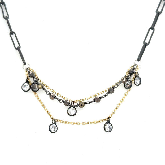 The Sparkle Necklace captures the essence of personal growth and inner radiance. It features a harmonious blend of mixed metals, creating a dynamic interplay of tones that symbolize life's diverse experiences. Delicate lotus-inspired elements are interspersed with subtle sparkles, adding movement and light to the design.