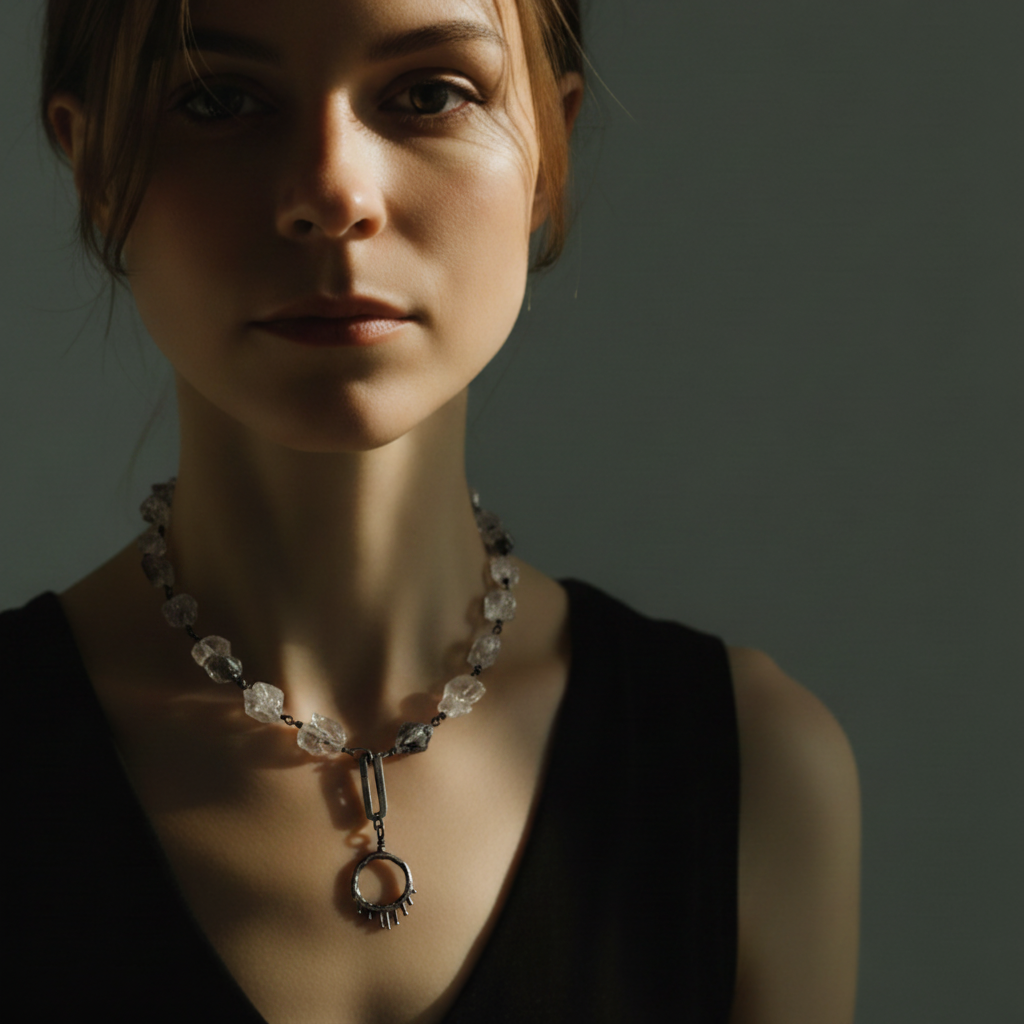 Model wearing the Kept Necklace with the Healing Talisman