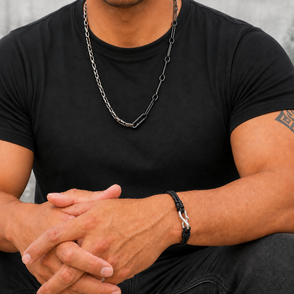 Link Necklace and Interwoven Bracelet in Silver on male model
