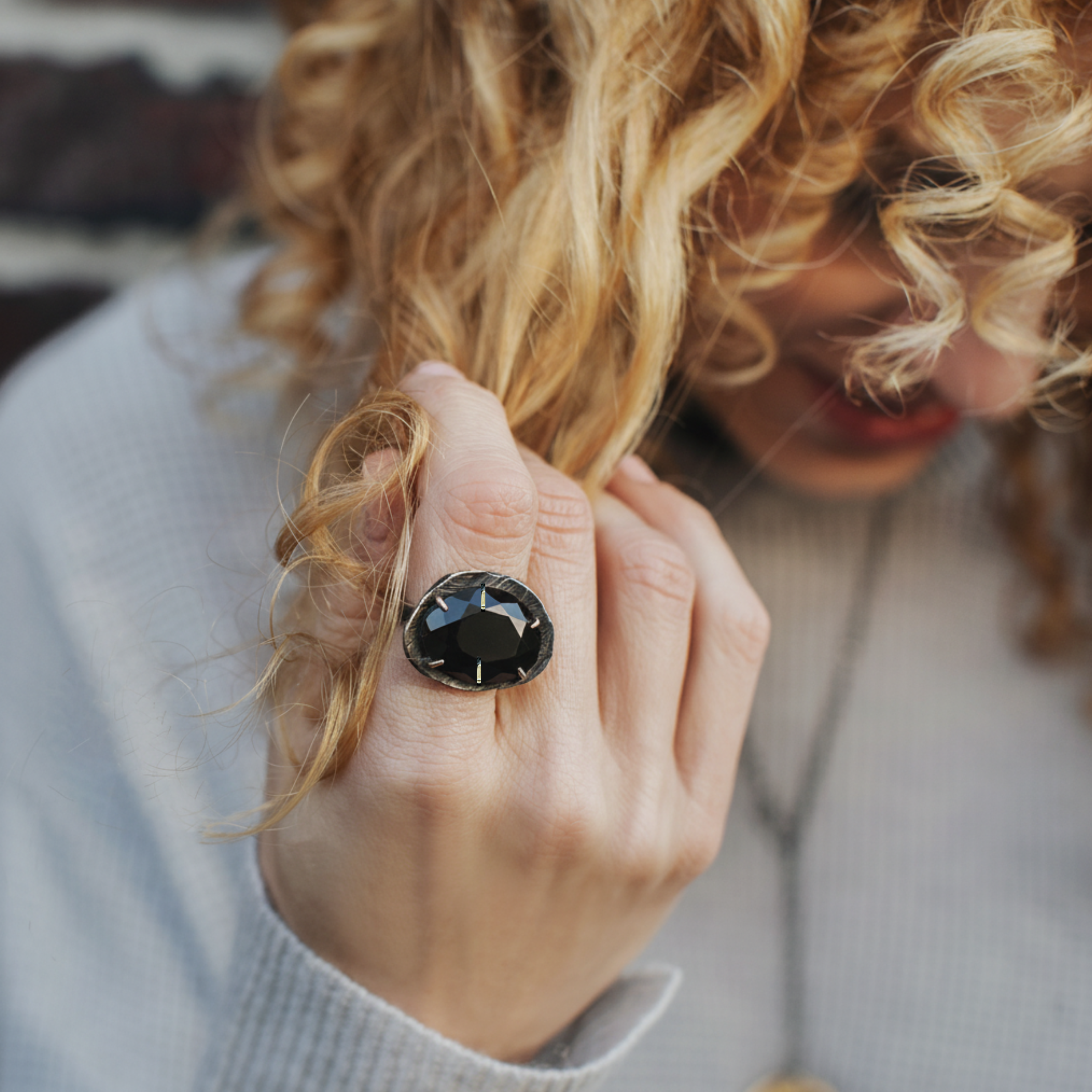 Medium Black Onyx Ring shown on models hand