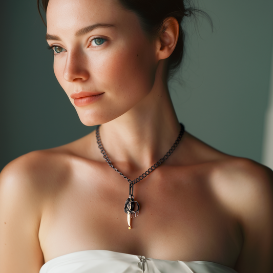 Woman wearing a necklace with the Hope, Strength, and Healing Talisman pendants