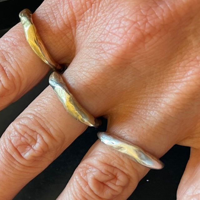 The Element Ring in Silver is designed with the art of wabi-sabi. Expressing the natural beauty you have within. It's not only beautiful to look at, but serves as a reminder to experience the beauty and power of nature in your daily life. Also featured are Element Rings in Oxidized Silver with Gold Accents and Bronze Element Ring.