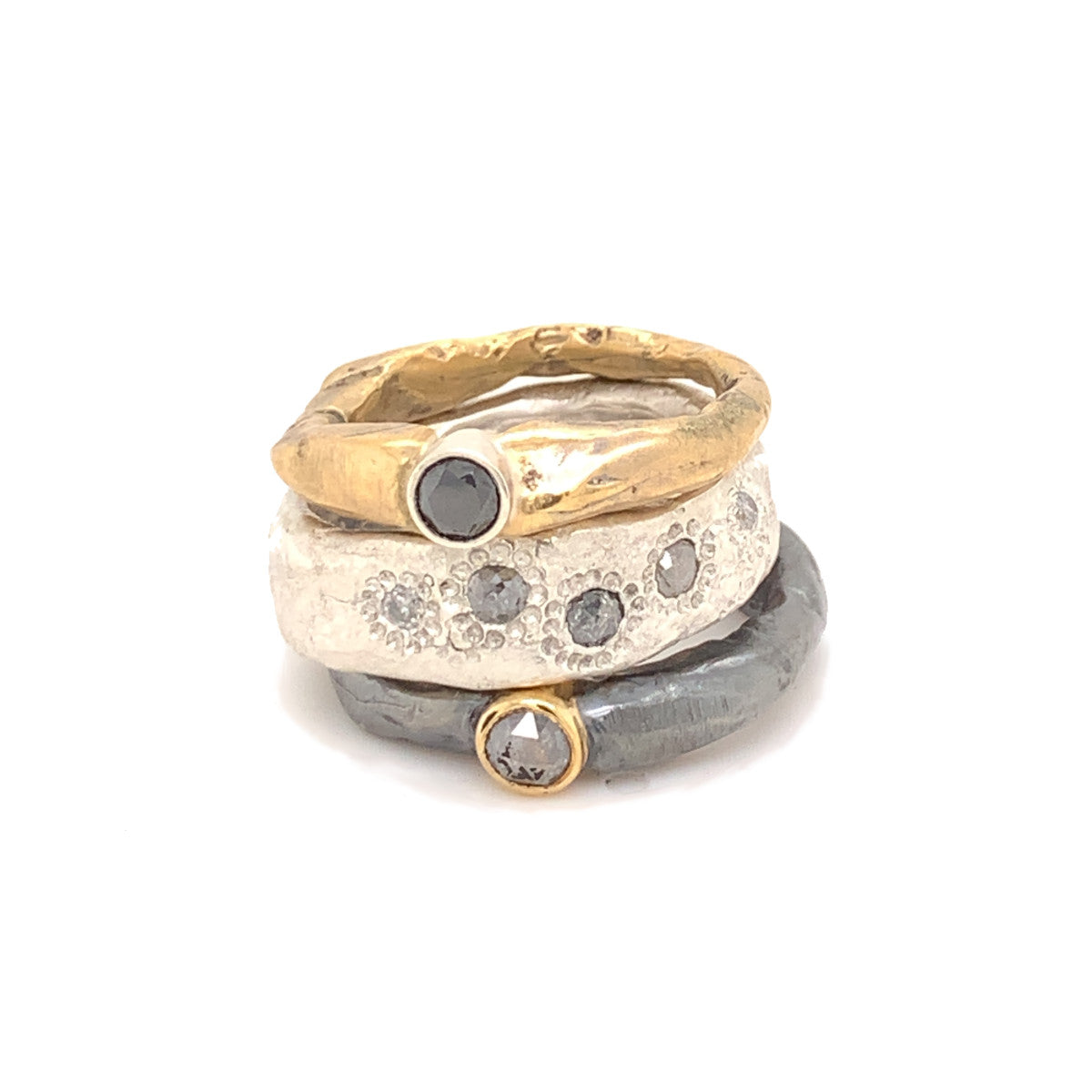 The Celebration Ring Stack was designed for your life's journey in a beautiful and meaningful way. Made to celebrate the soul connection you have with yourself and with others.  Each Celebration Ring is meticulously crafted with wabi-sabi intention, using only the finest precious metals and diamonds.