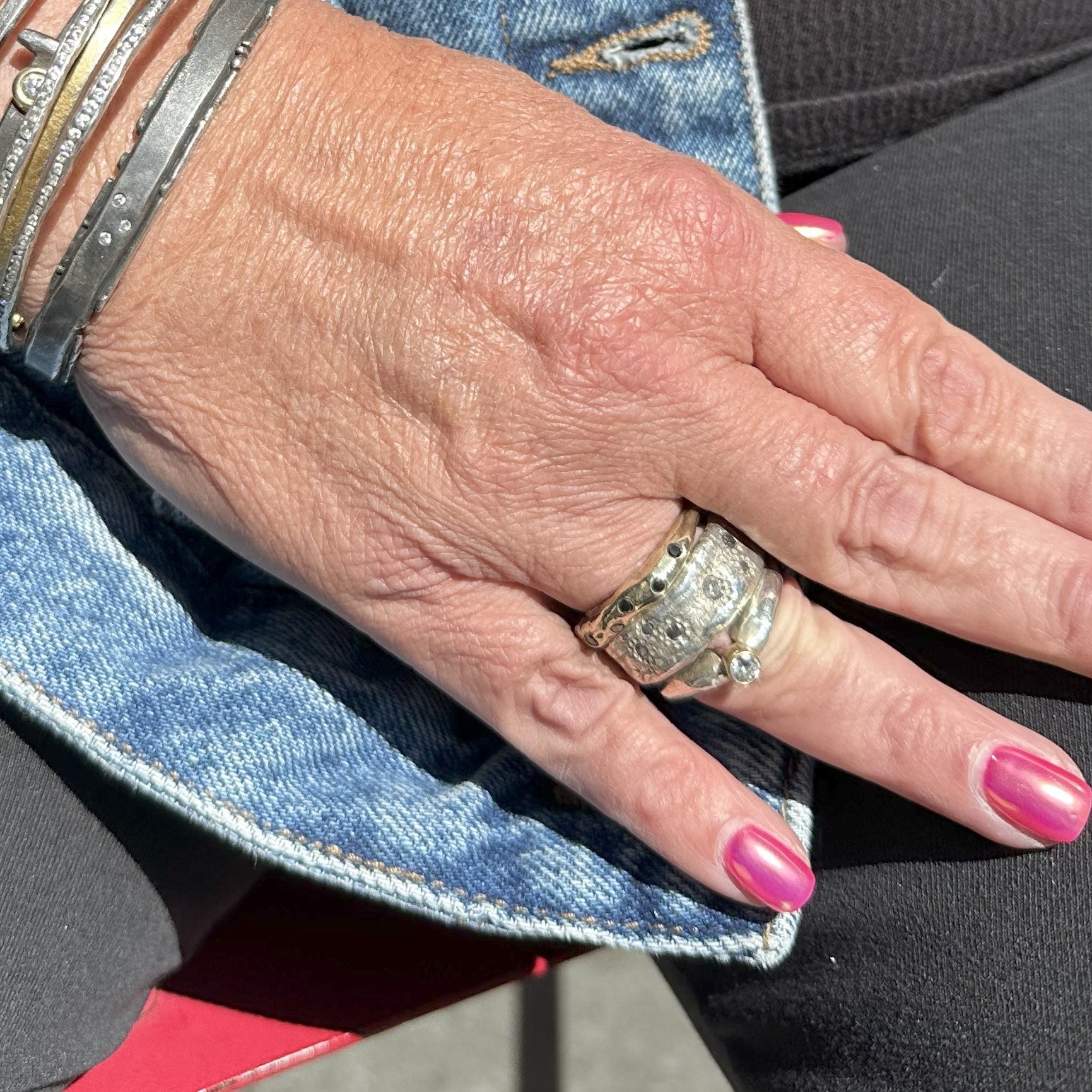 Customer Stack of Chikahisa Studio Rings featuring Diamonds