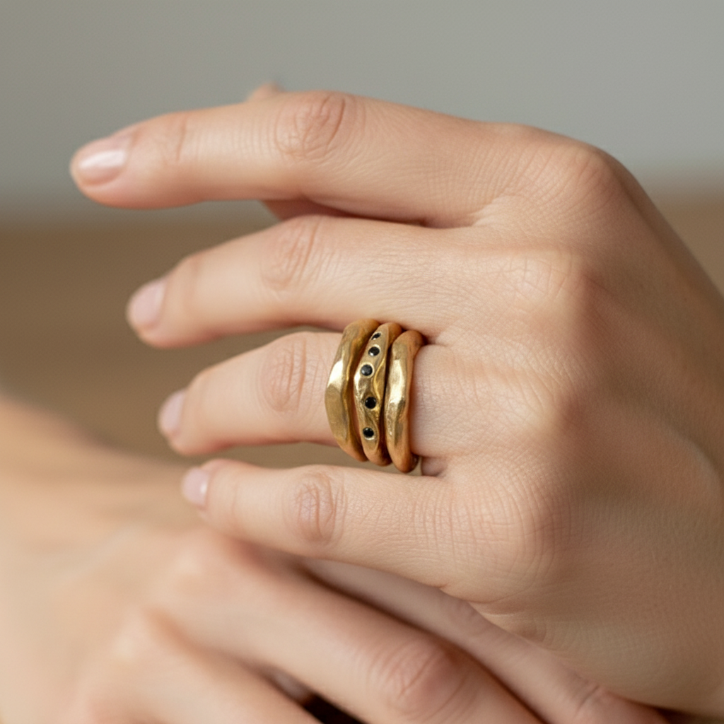 Connection Stacking Ring Set in Bronze on model