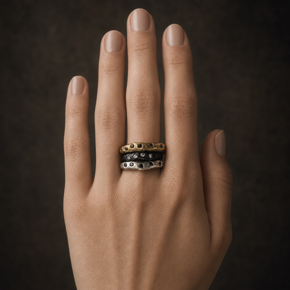 Constellation in Bronze and Silver shown stacked with Deep Mystic Ring