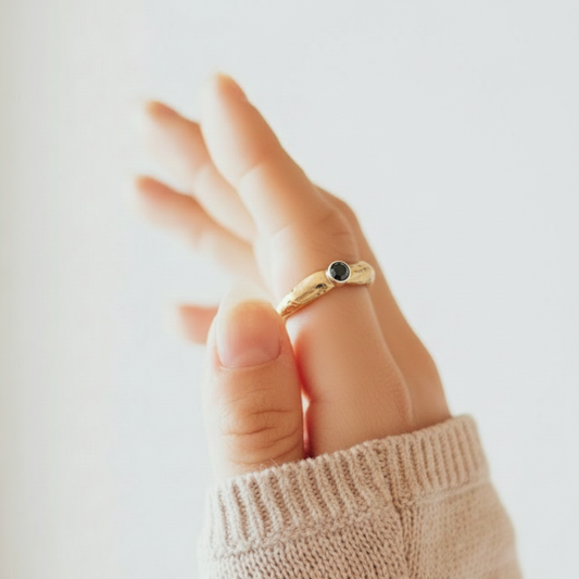 Devotion Ring in 18kt Gold with Black Diamond on Models Hand