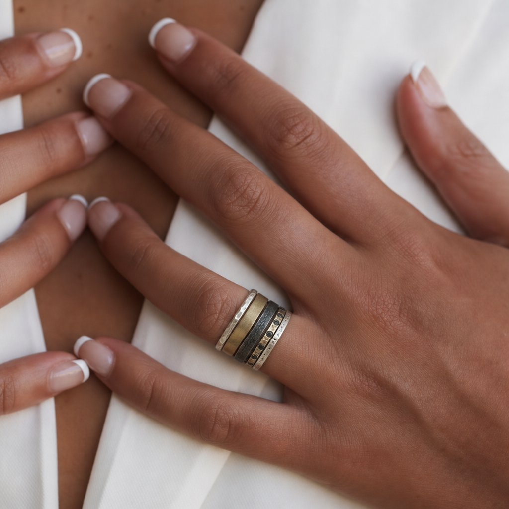 Elemental Harmony Ring Stack with Ritual Noir Ring on Model