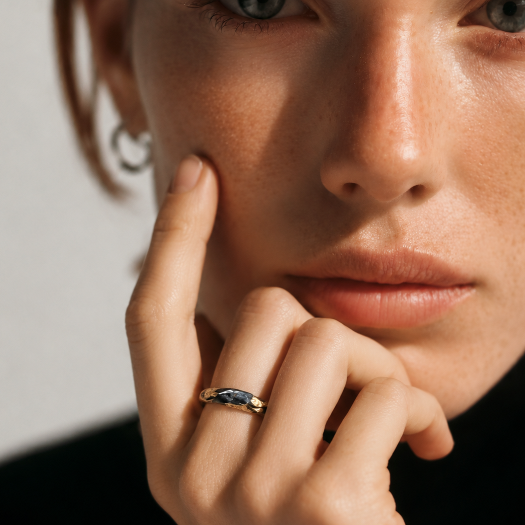 Model wearing Element Ring in OXS with Gold Accents