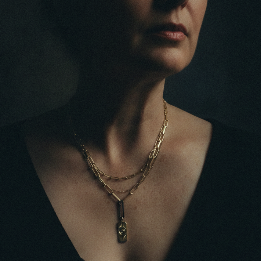 Passage Talisman Pendant on the Gold Link Chain with the Fine Layered Chain on a model