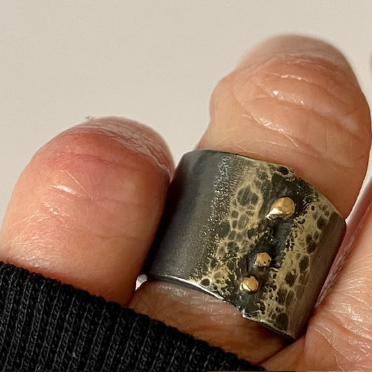 Dive into the mesmerizing world of Whidbey Island's tidal pools with our Tidal Pool Ring. This unique piece features gold accents that contrast the texture, evoking the ever-changing patterns of water and life found in these magical coastal ecosystems.