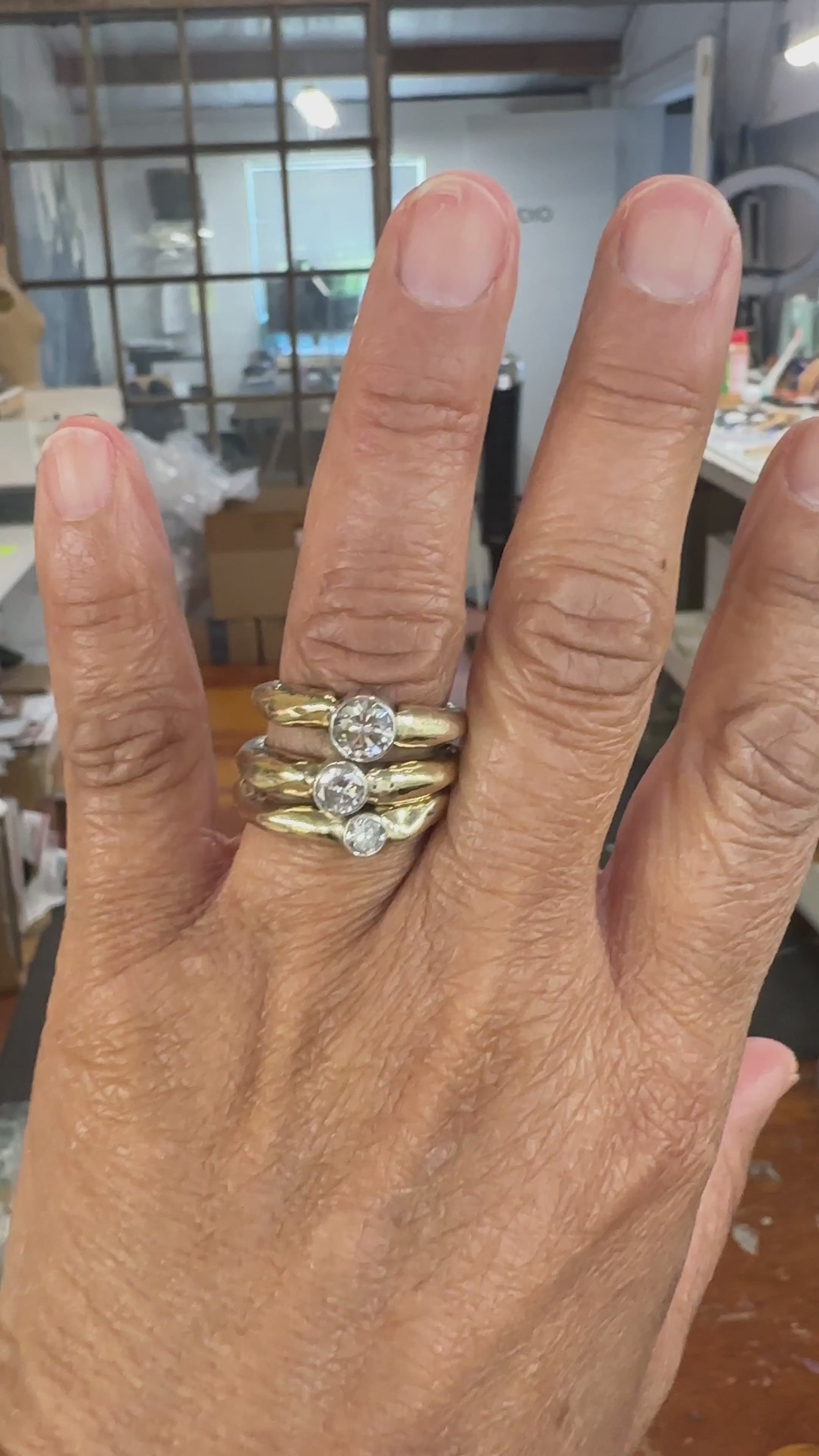 Video of 4, 5, and 6mm diamond Shinrai Gold Rings shown on hand