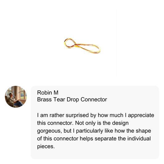 Brass tear drop connector with a user review on a white background