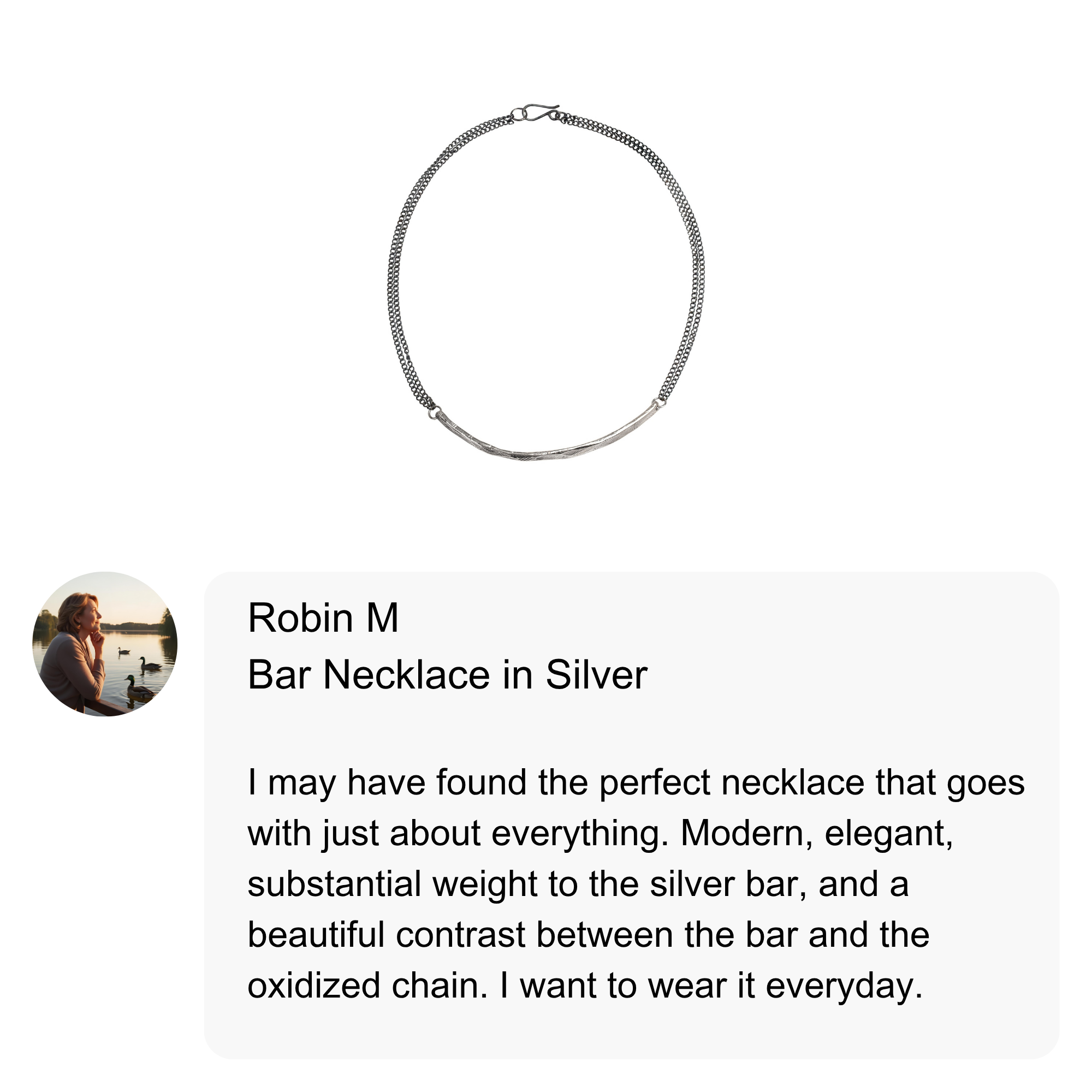 Silver bar necklace on a white background with a user review.