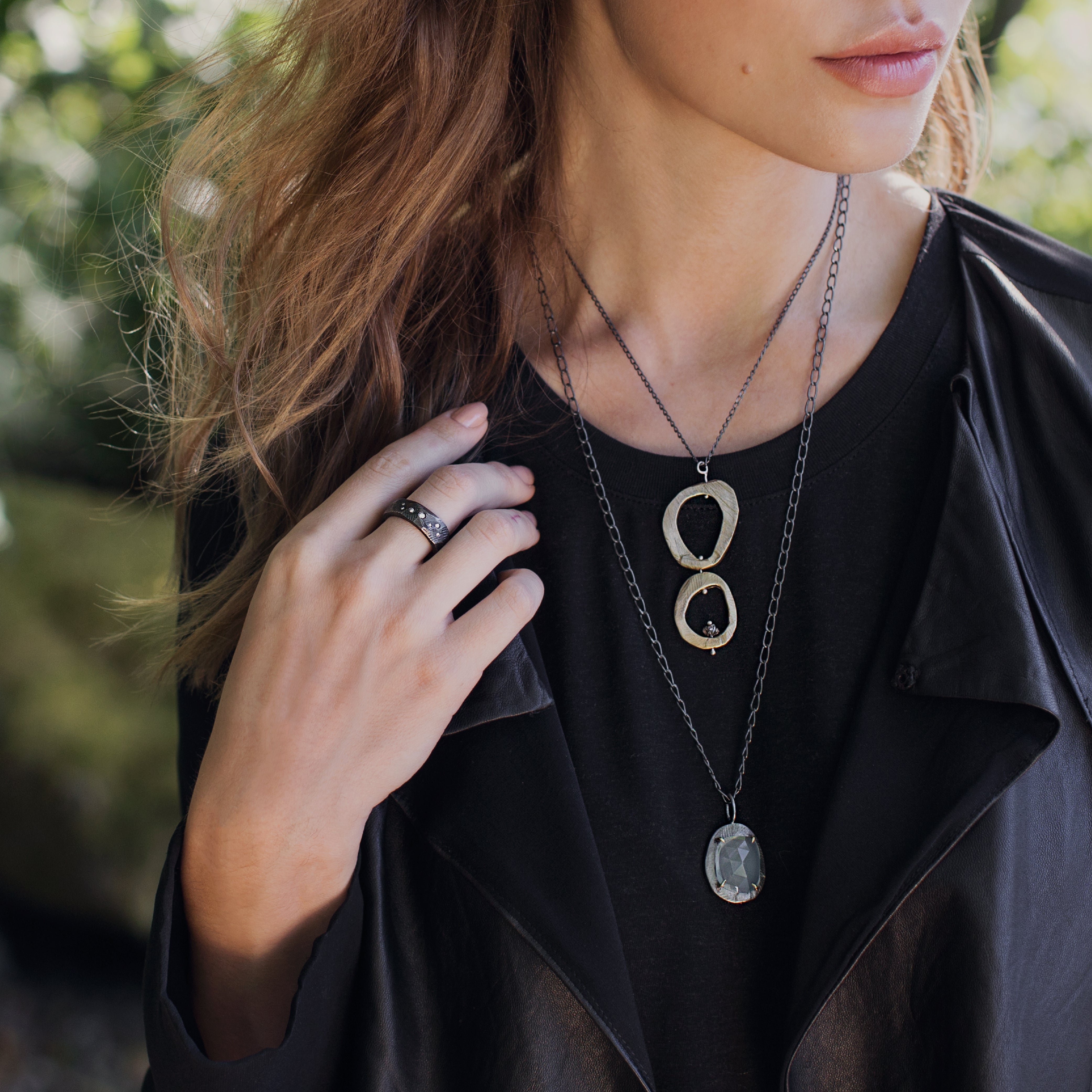 The Venus Ring with Diamonds on Model with necklaces