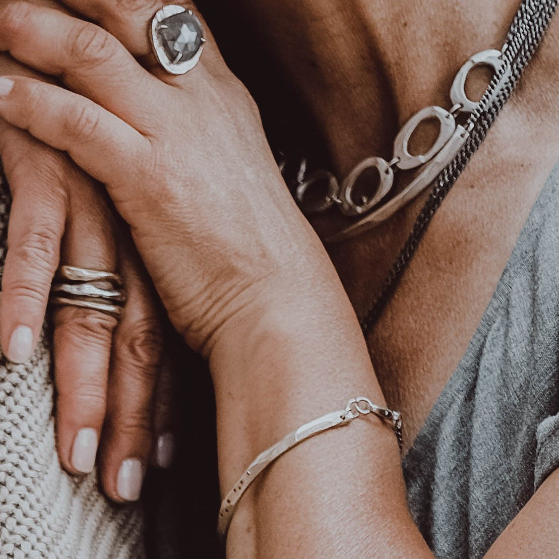 Five Oval wrap with Diamond Necklace Layered with Bar Necklace in Silver on person