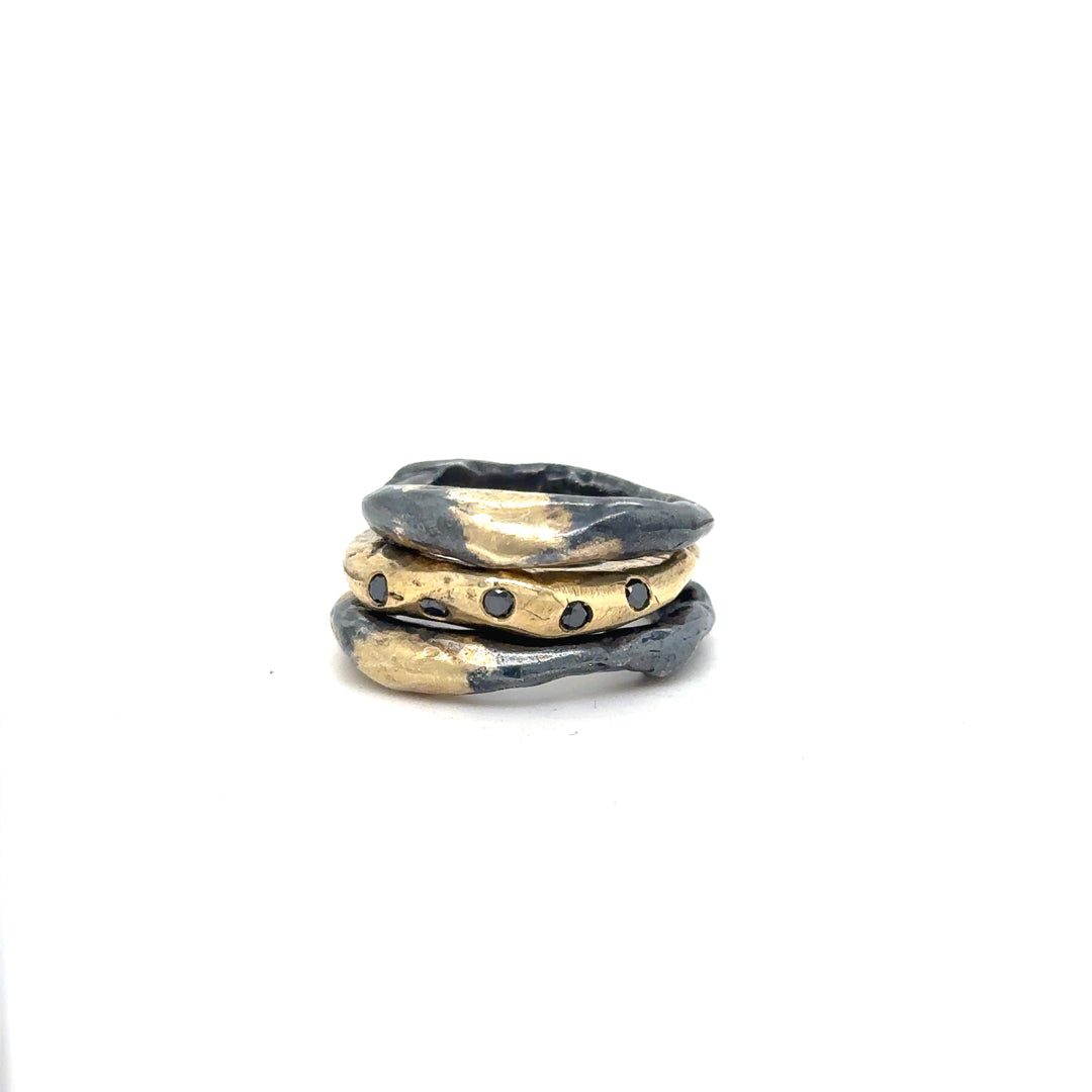 Celestial Ring Stack in Oxidized Silver and Gold