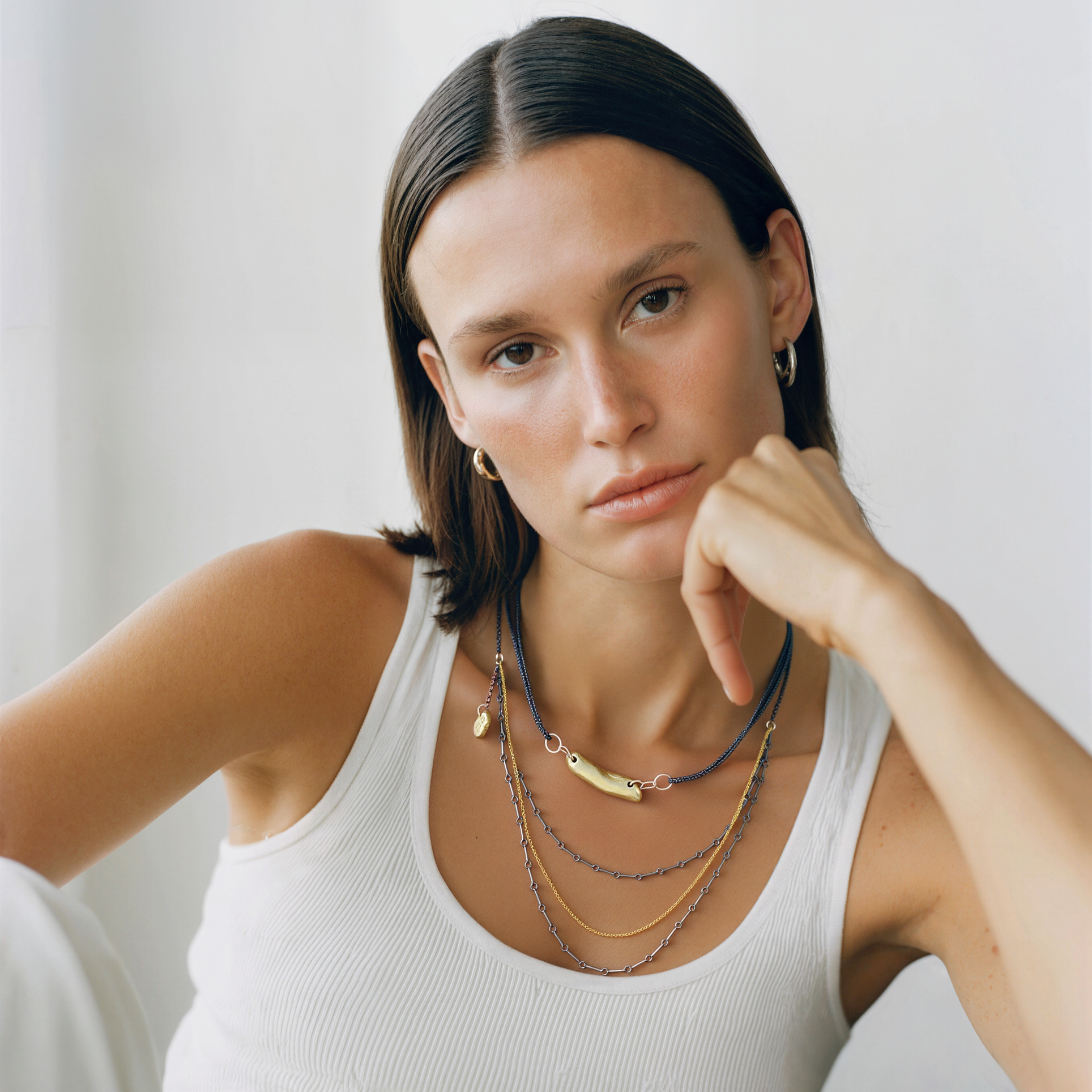 Whisper Necklace layered with the Layered Necklace in Mixed Metal on Model 