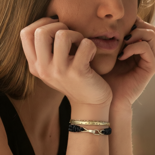 Skipping Stones Simple Bracelet in Bronze with Black Diamonds and Interwoven BR Bracelet on Model