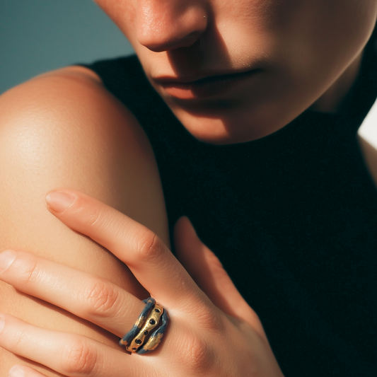 Celestial Ring Stack in Oxidized Silver and Gold on Model