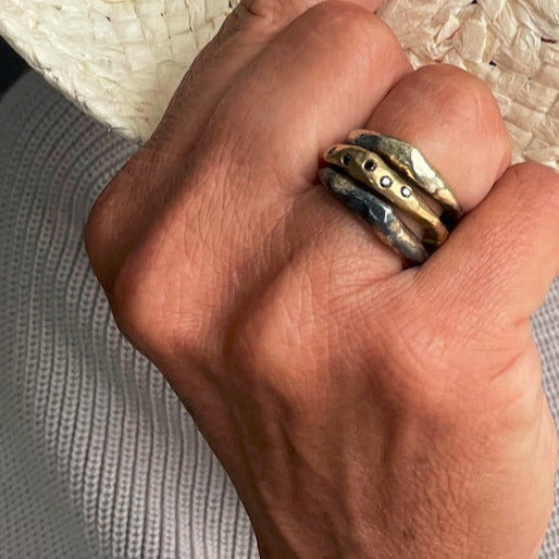 Celestial Ring Stack in Oxidized Silver and Gold