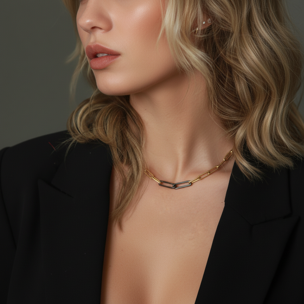 Gold Link Chain with Double Paper Clip in 14" shown on model
