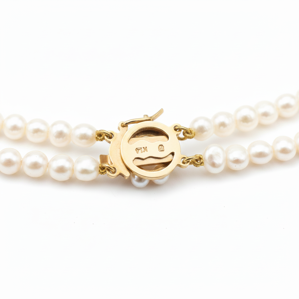 Close up of the clasp (back view) on the Double Strand Pearl Necklace from the Chikahisa Ancestor Collection 