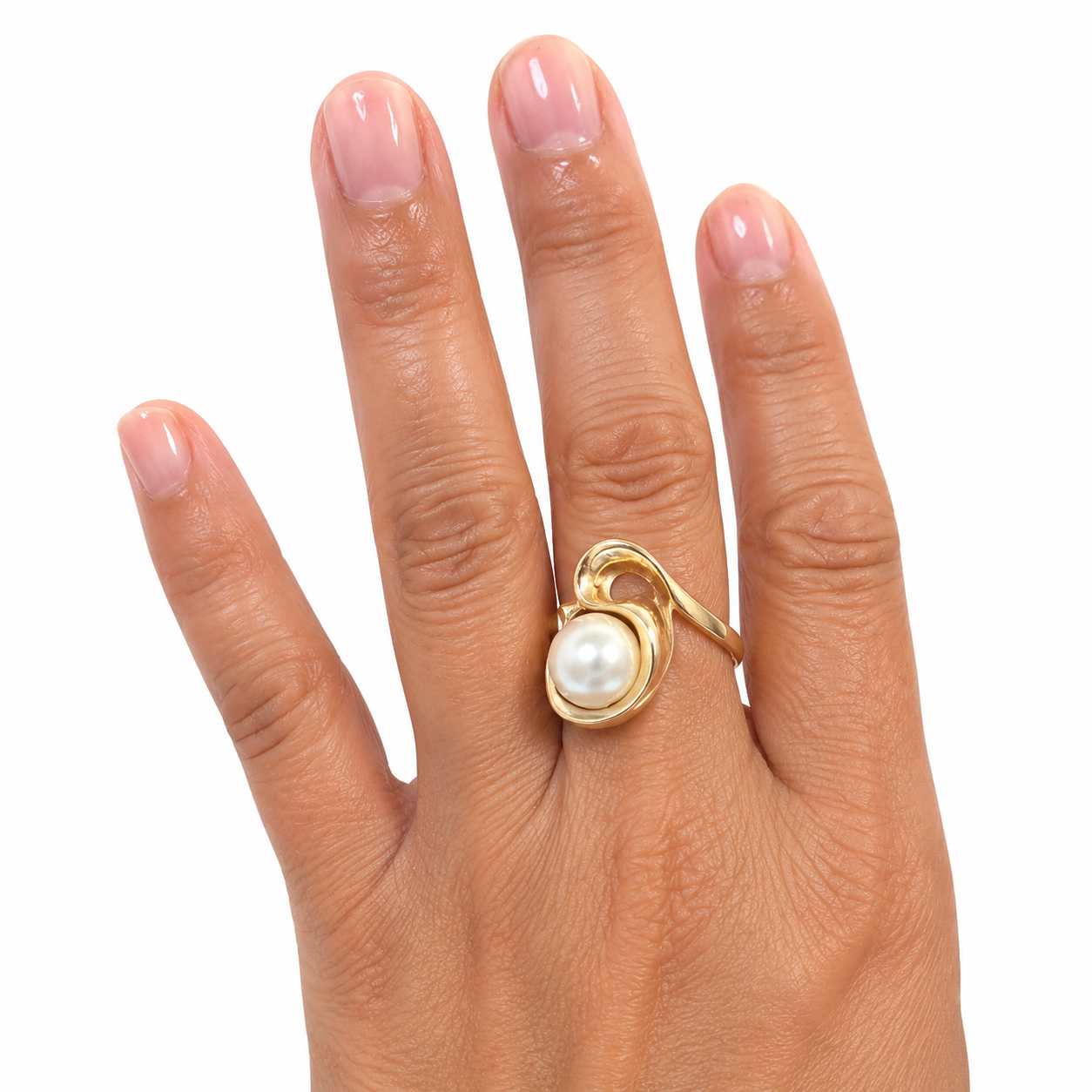 Pearl and Gold Swirl Ring from Chikahisa Ancestor Collection shown on hand 
