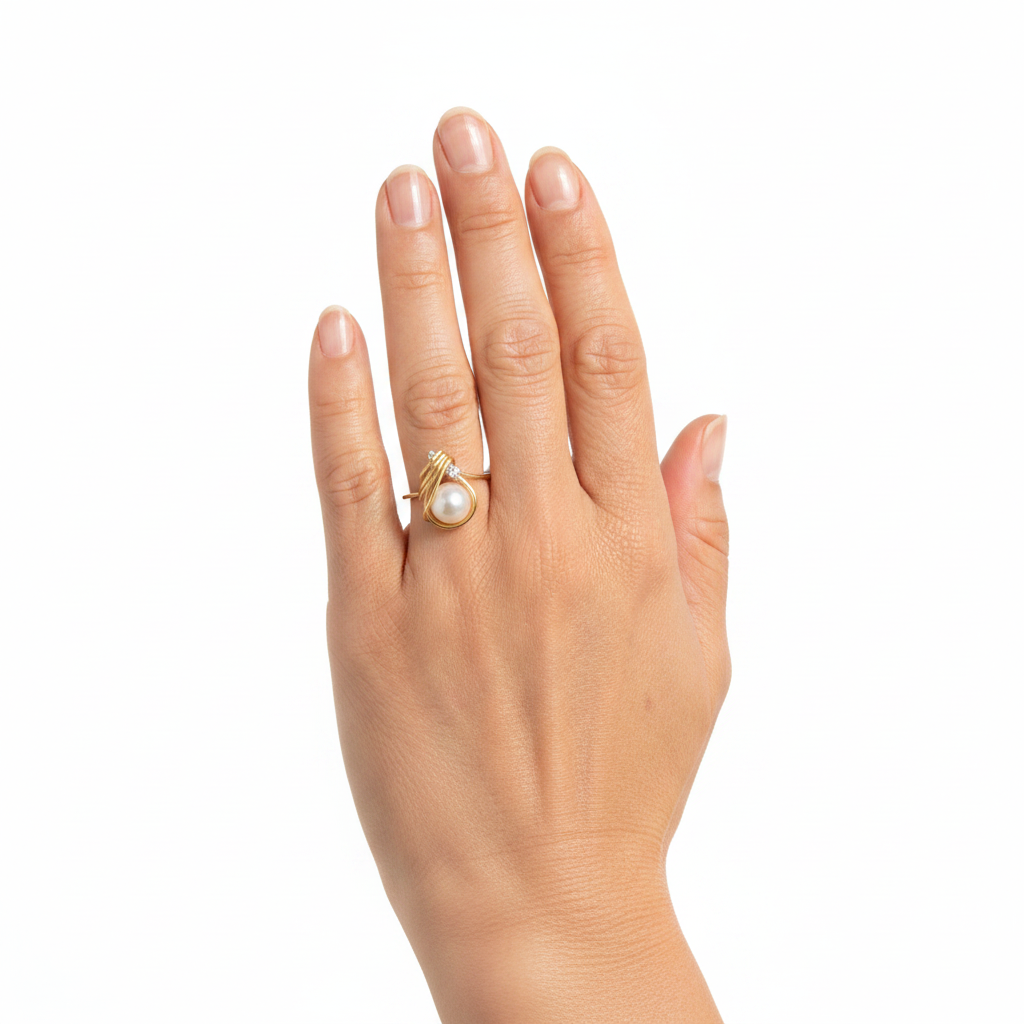 Pearl and solo diamond ring from the Chikahisa Ancestor Collection on a hand